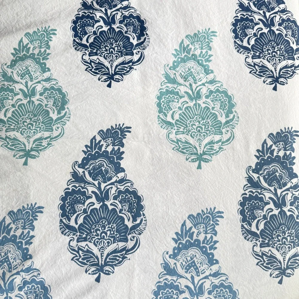 Pottery Barn King Duvet Cover Set Organic Cotton Blue Teal Paisley Block Print